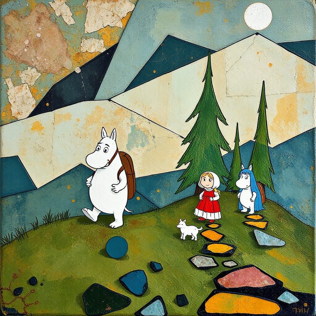 Whimsical Moomin Family in a Kintsugi-Inspired Landscape