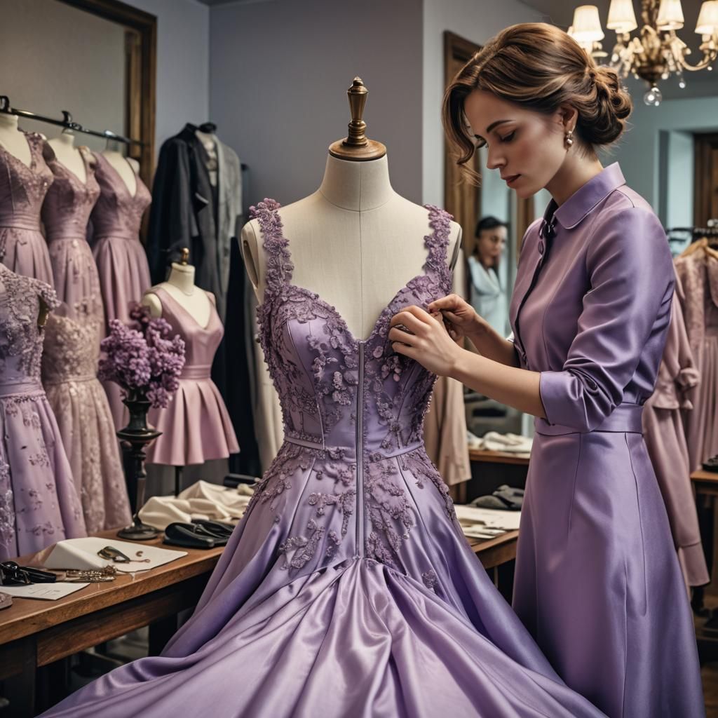 Fashion Designer Adjusting Lilac Dress: Hyperrealistic HDR I...