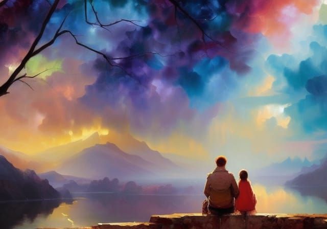 Father and Daughter by Lake, Watercolor Art