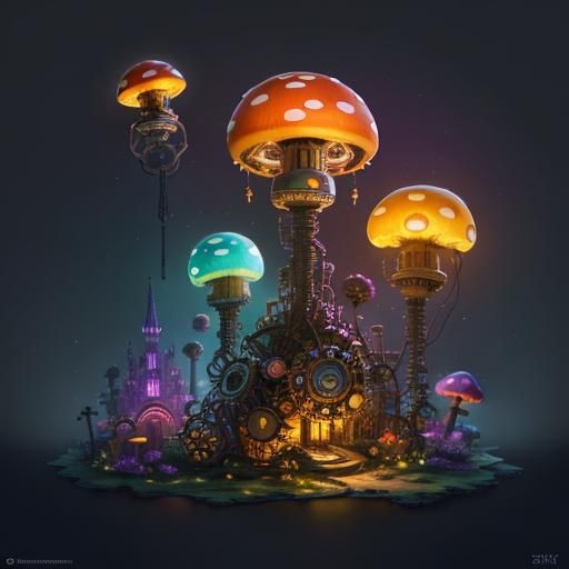 Steampunk Mushroom in Whimsical Candyland: Digital Art