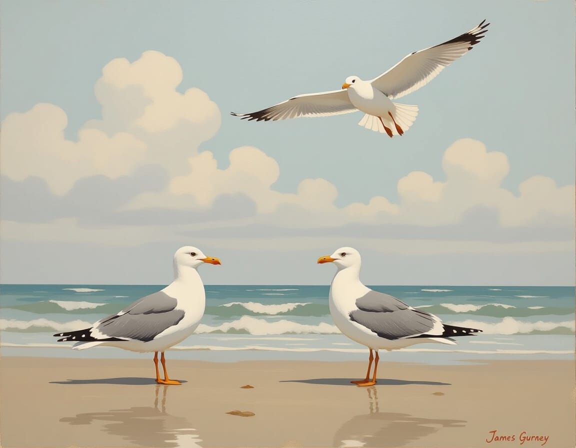 Seagulls on Beach in Tranquil, Minimalist Scene