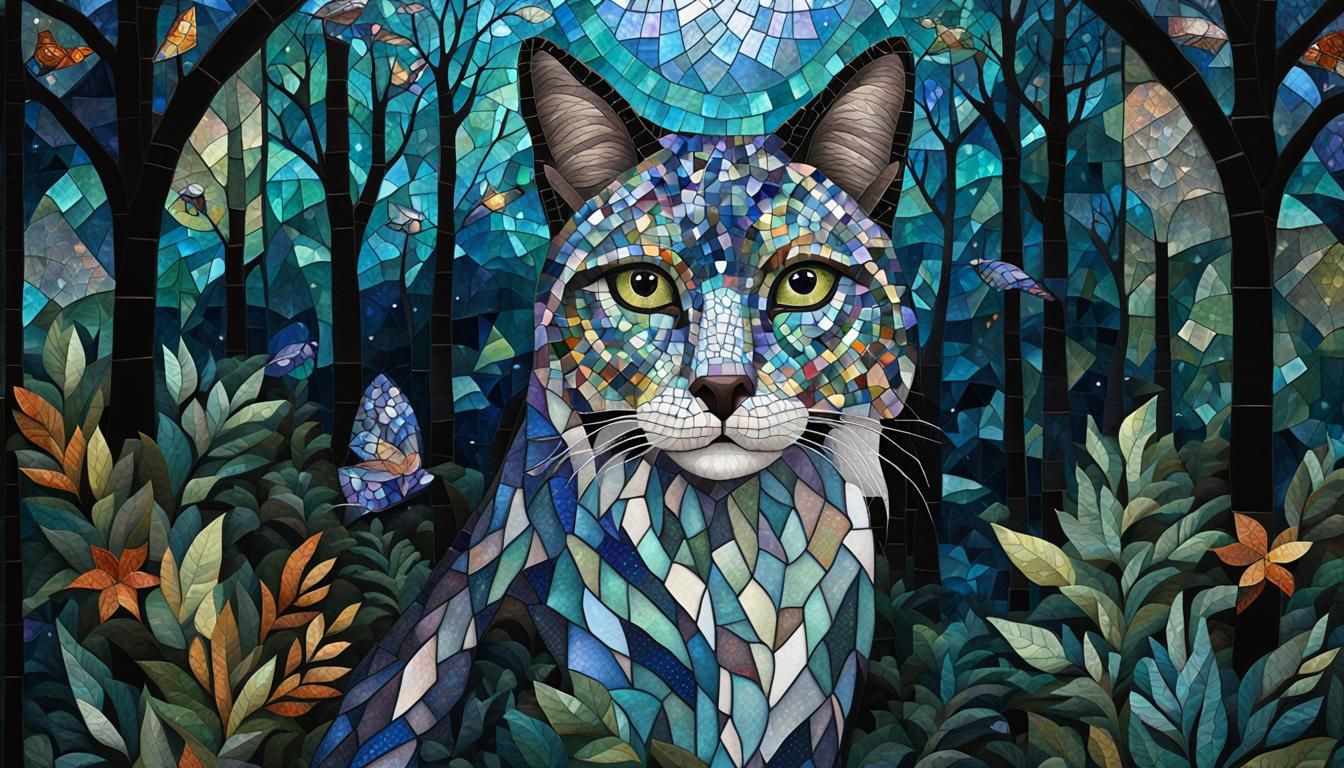 Mosaic Fantasy Creature in Forest at Night