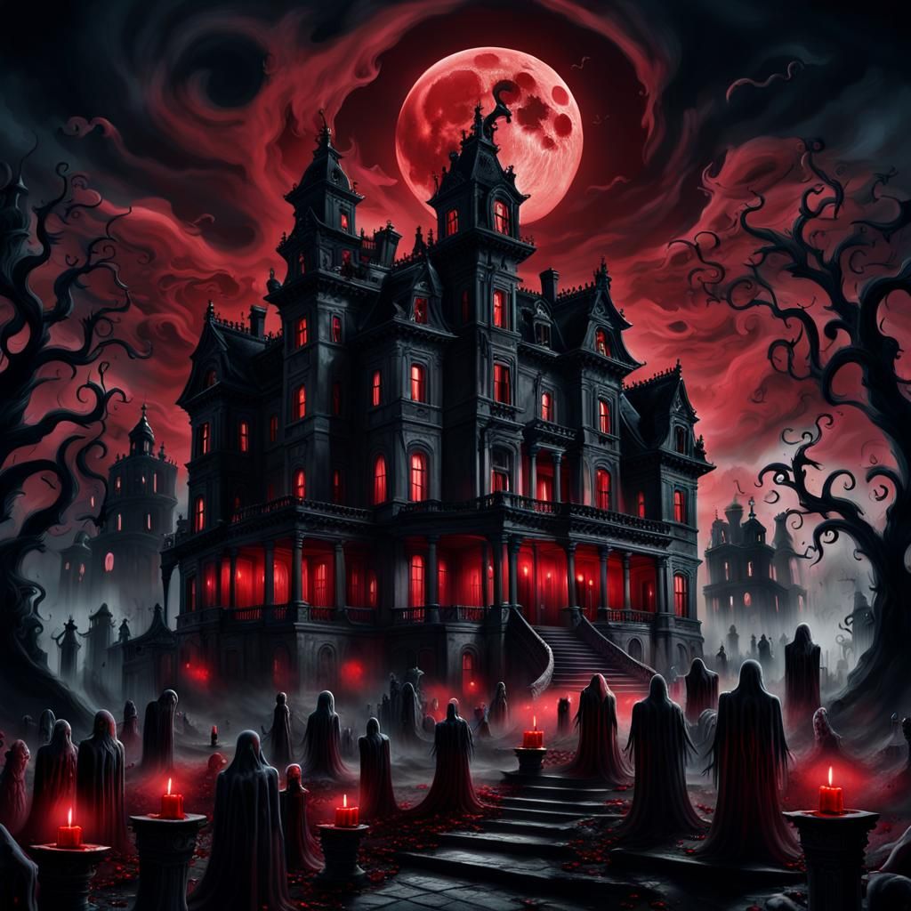 Eerie Mansion: Dark Surrealism Under Blood Moon
