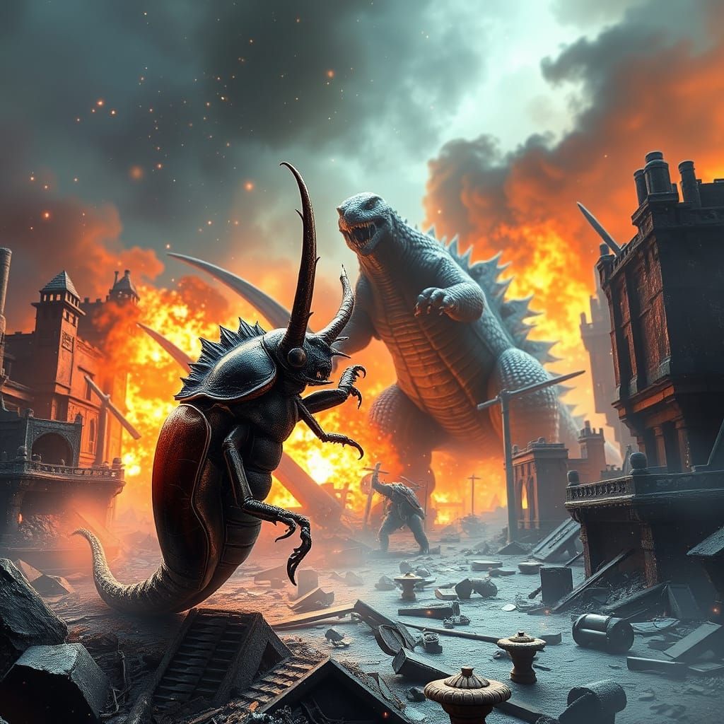 A battle of a two-horn beetle against a super miniature Godzilla at the center of a ruins city.