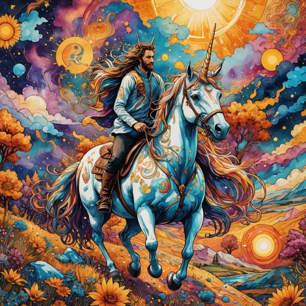 Unicorn Rider on Sunshine: Holographic Astral Illustration
