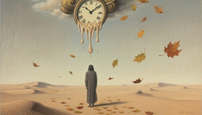 Surreal Desert Figure with Melting Clocks and Falling Leaves