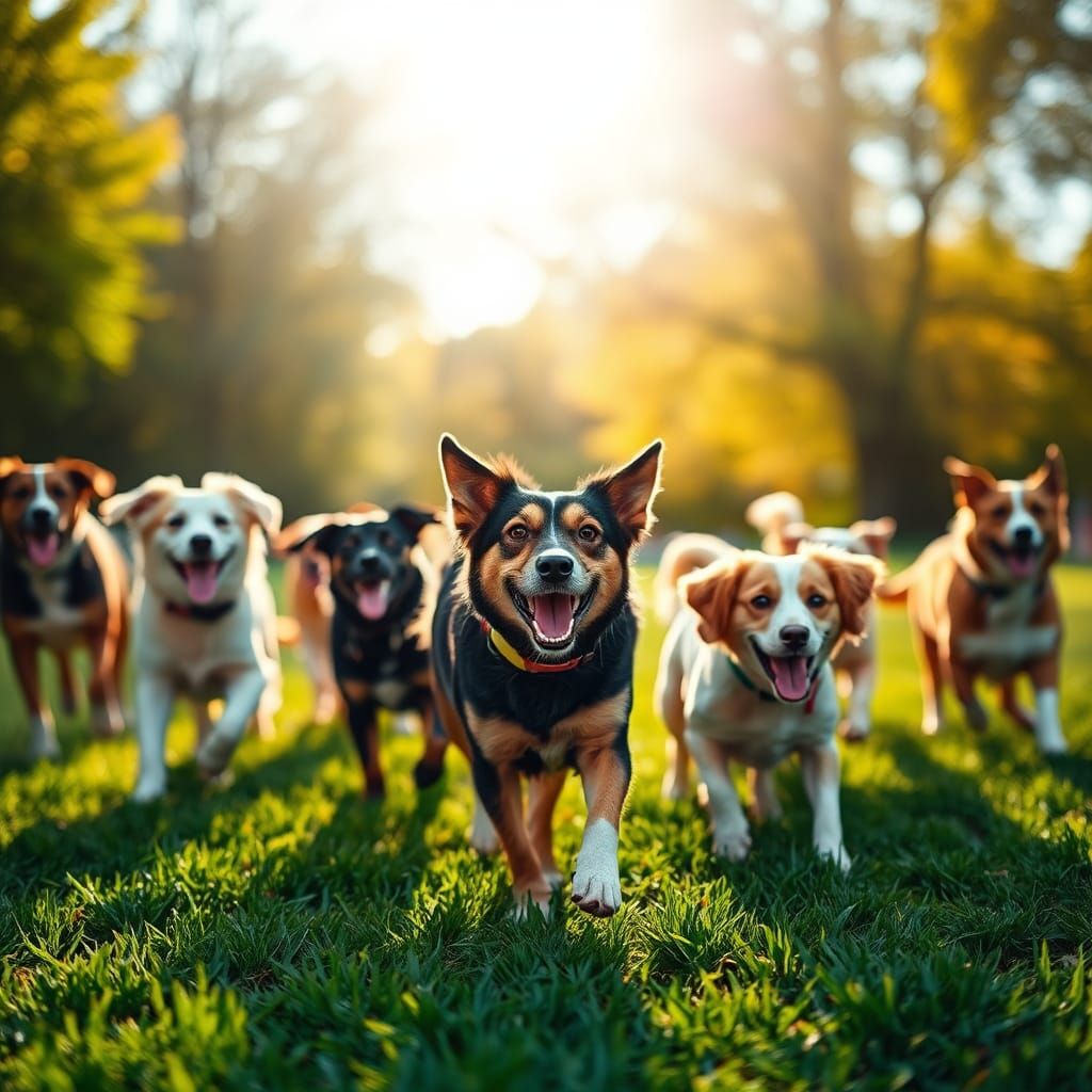 Sun-Drenched Dog Park Scene in Natural Light