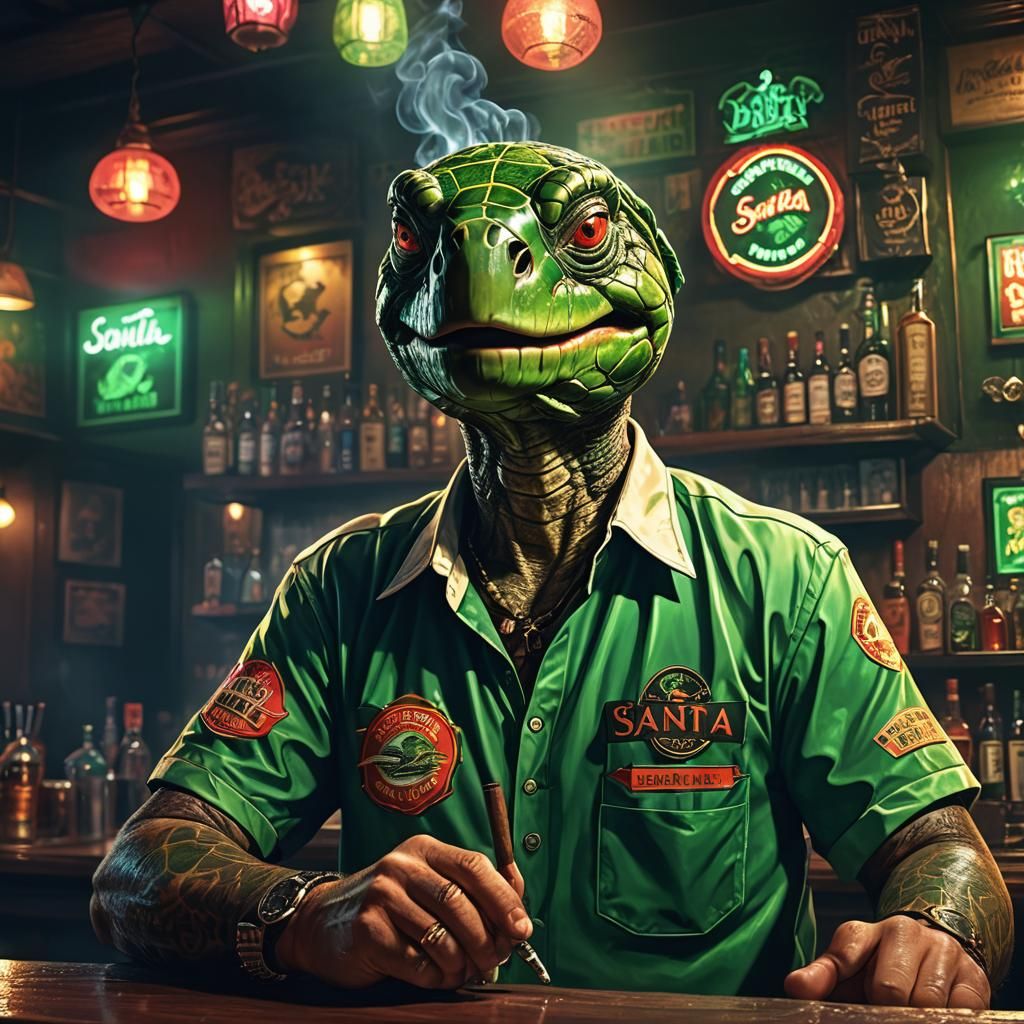 Turtle Head Bartender Smoking in Neon Lit Bar