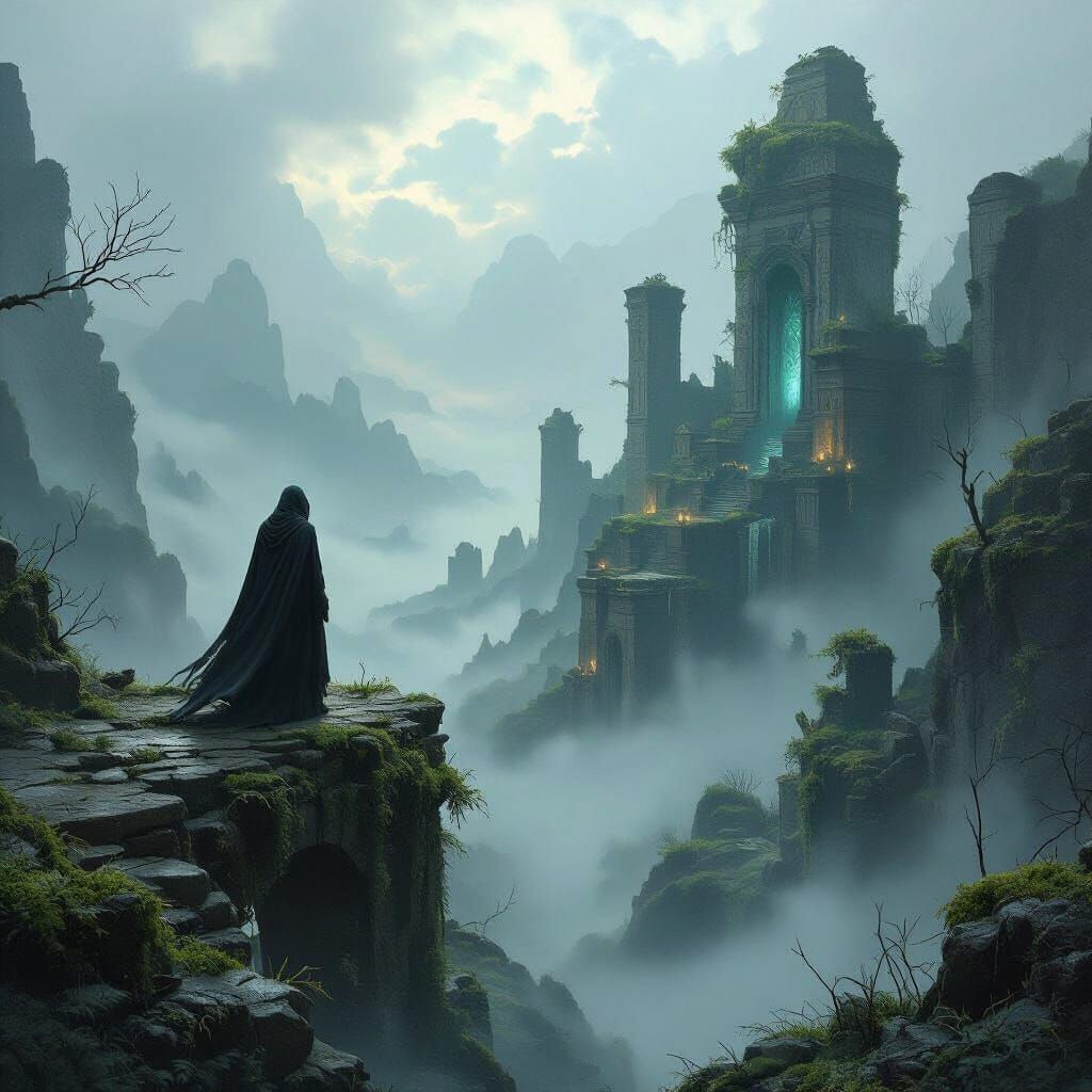 Dark Fantasy Figure on Ruined Bridge in Misty Valley