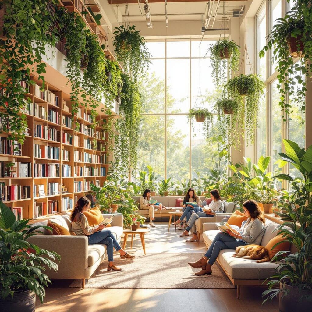 Sun-Drenched Modern Library with Plants and Cozy Nooks
