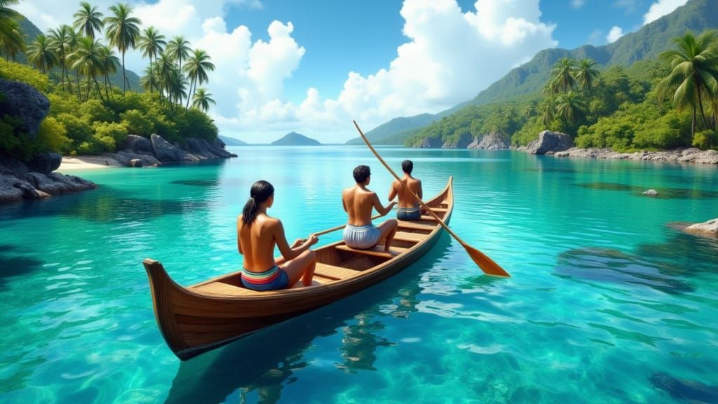 Polynesian Sailors Navigate South Seas in Impressionist Styl...
