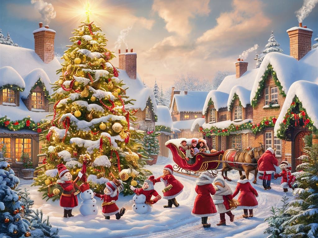 Whimsical Winter Wonderland Scene in Snowy Village
