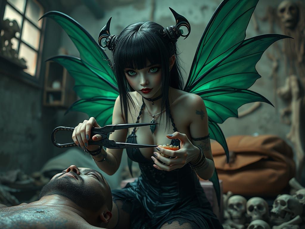 Dark Fantasy Fairy Harvests Teeth in Dilapidated Apartment