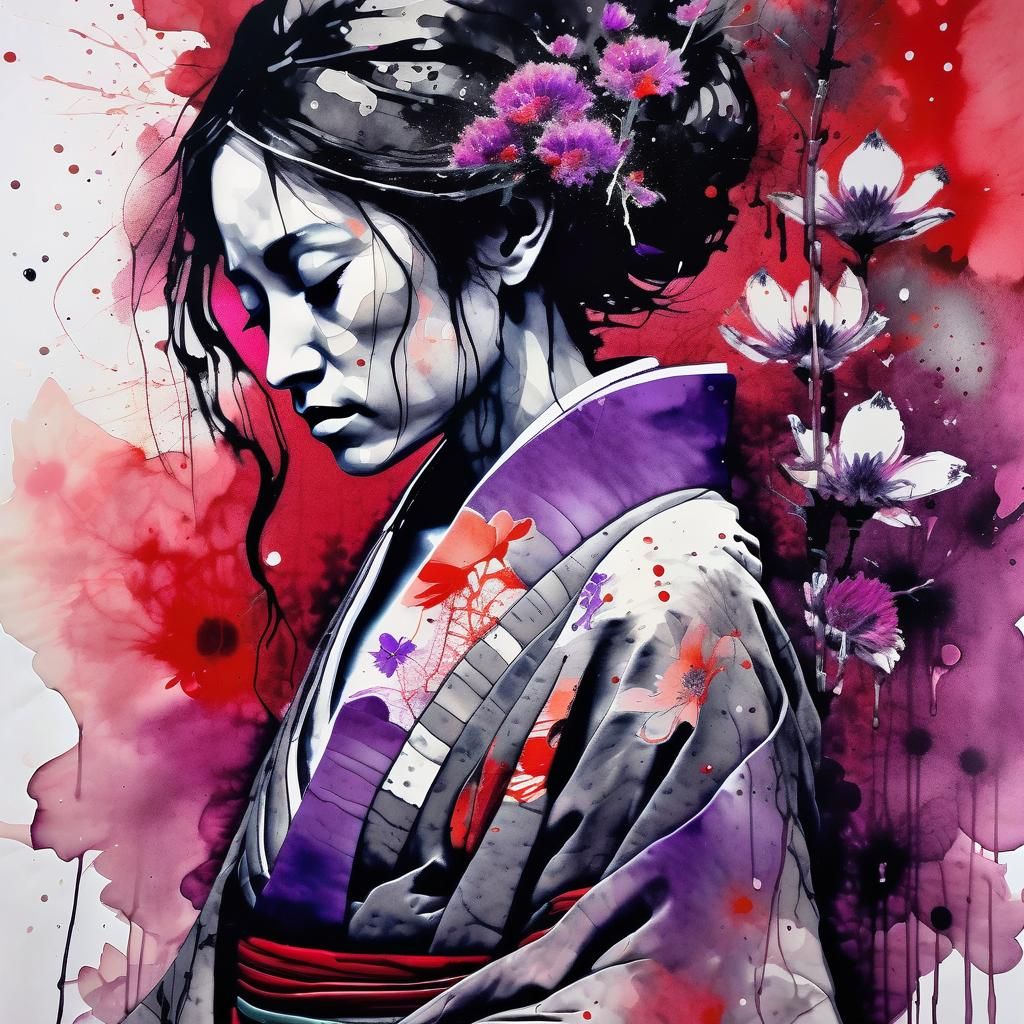 Abstract Ink Splatter Portrait of Kimono Woman