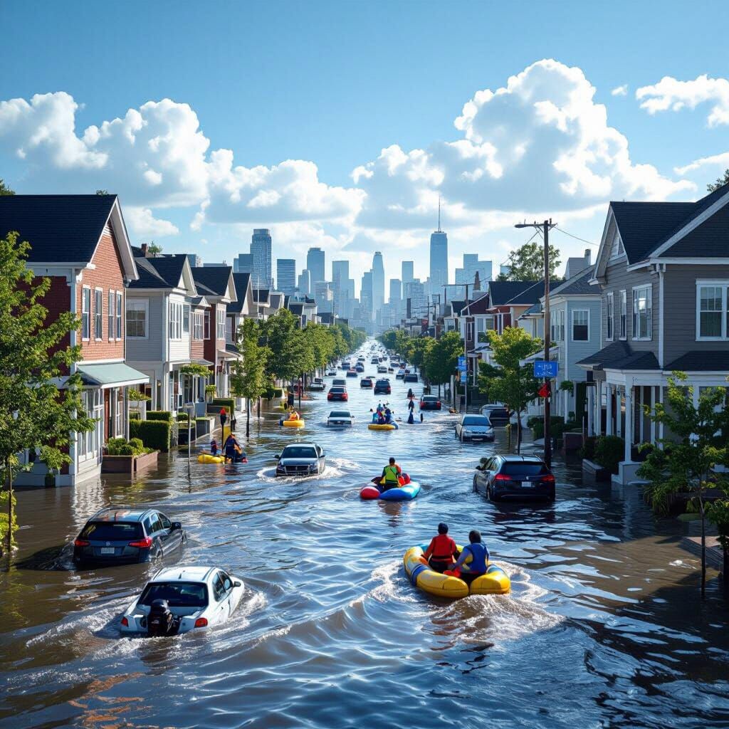 Hyperrealistic City Flooded by Extreme Tidal Surge