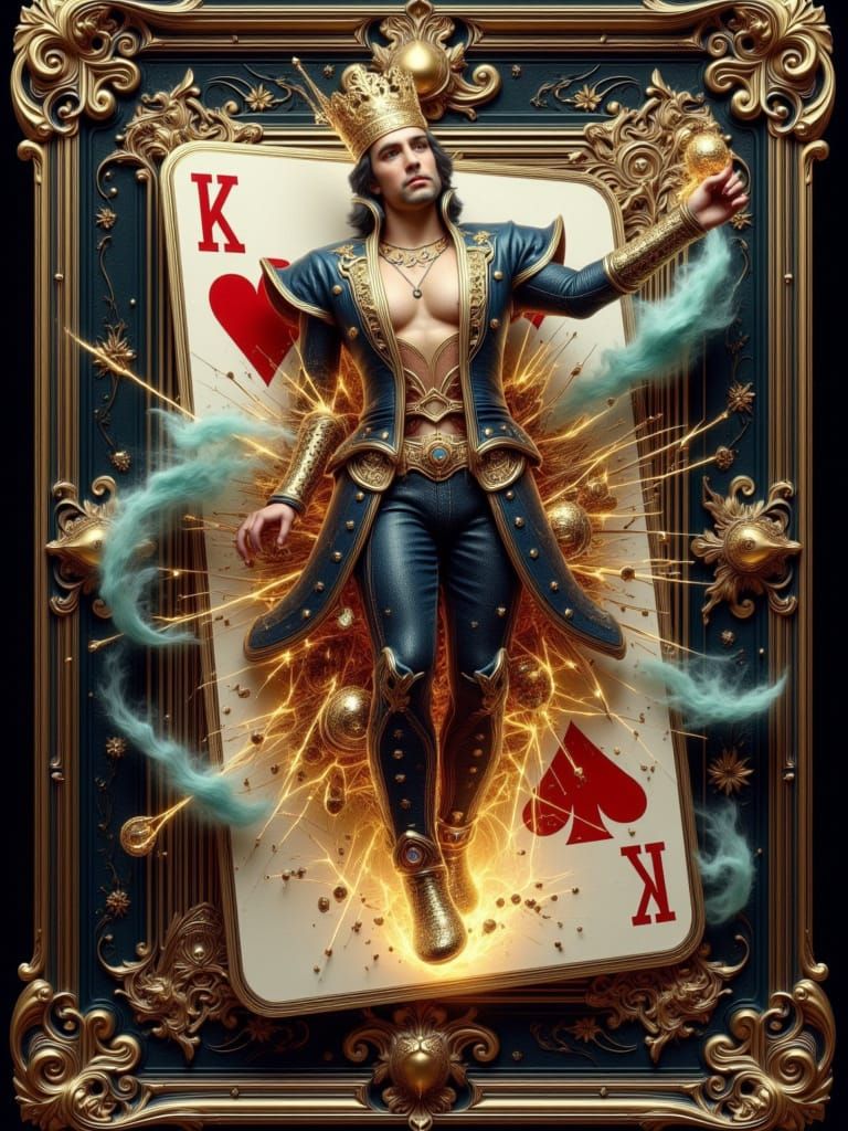 Steampunk King Leaps from Card, Holographic Watercolor Portr...