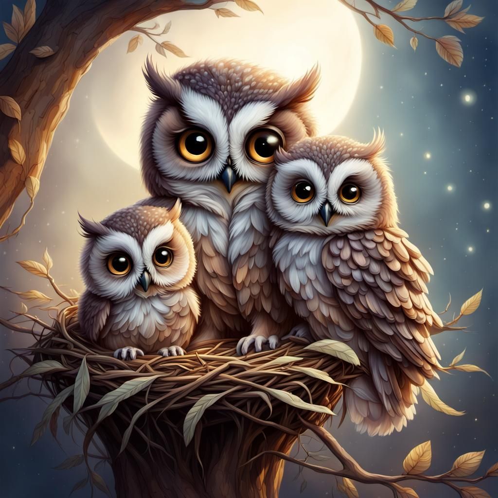Fantasy Owl Family in a Nest