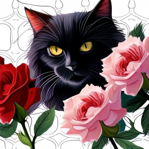 Hyperrealistic Black Cat with Roses Digital Art
