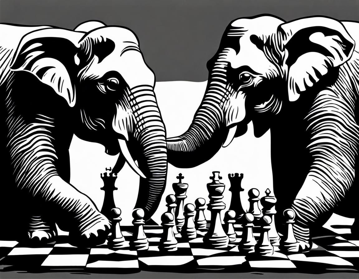 Elephants Playing Chess in Black and White