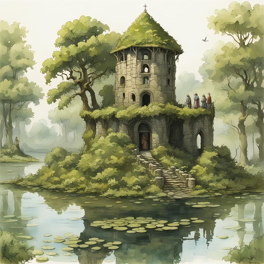 Medieval Tower on Island in Lake: Fantasy Art