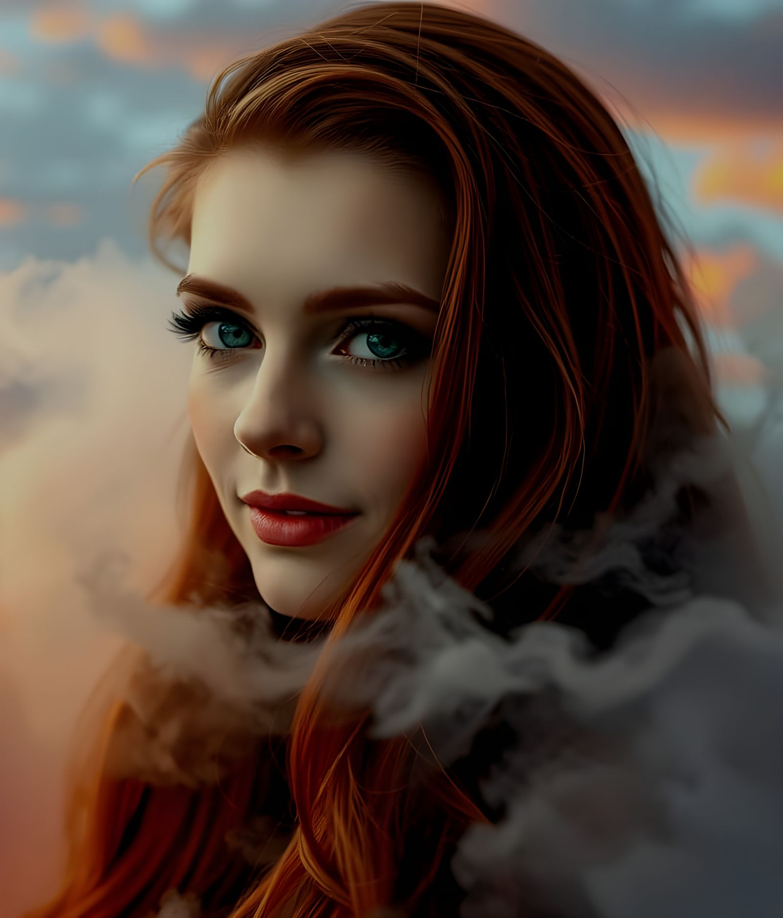 Mystical Auburn Goddess Emerging from Clouds