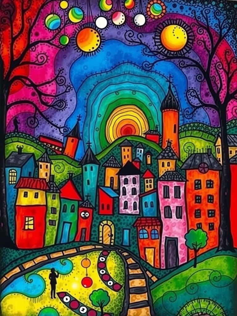 Rainbow Cityscape in Surreal Mixed Media Style