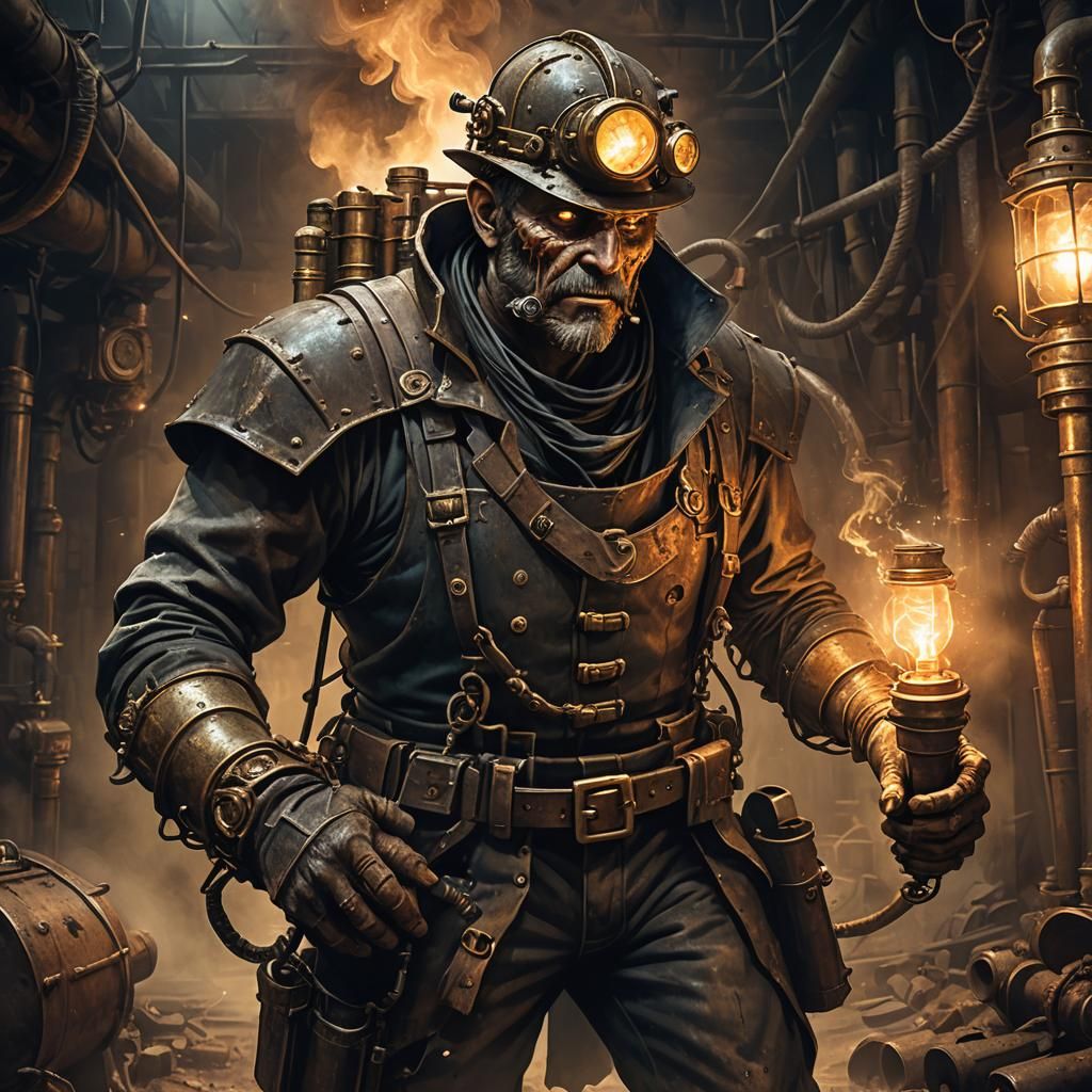 Steampunk Horror: Ghoulish Miner in Mineshaft
