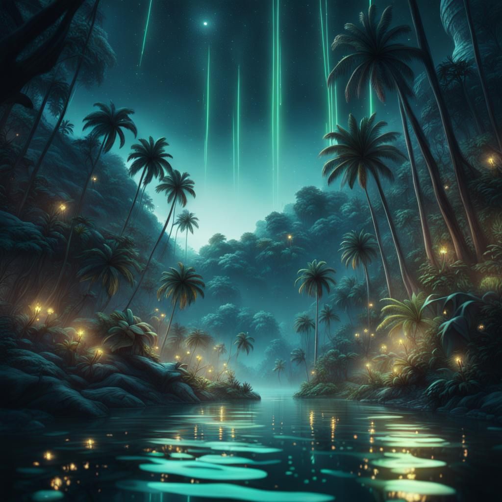 Eerie Jungle Scene with Falling Stars