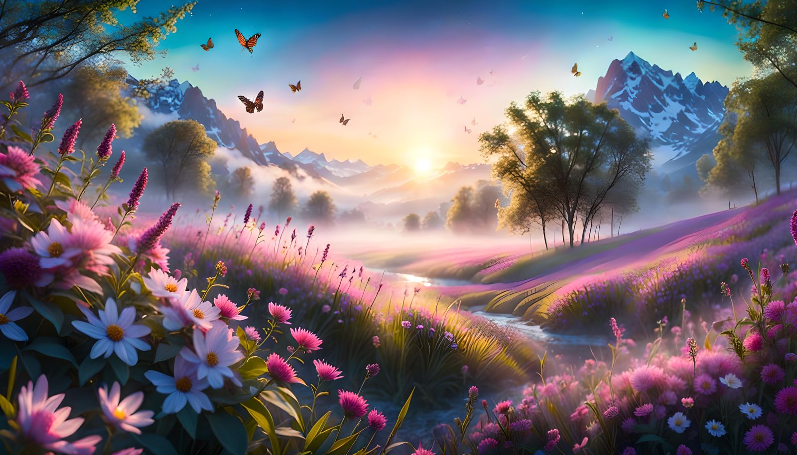 Springtime Dawn Landscape with Wildflowers and Butterflies
