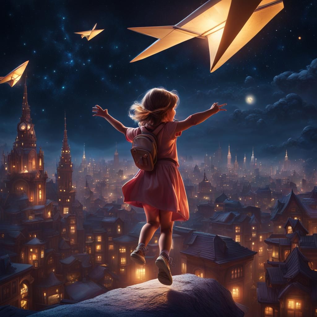 Girl Flies Paper Plane Over Night City