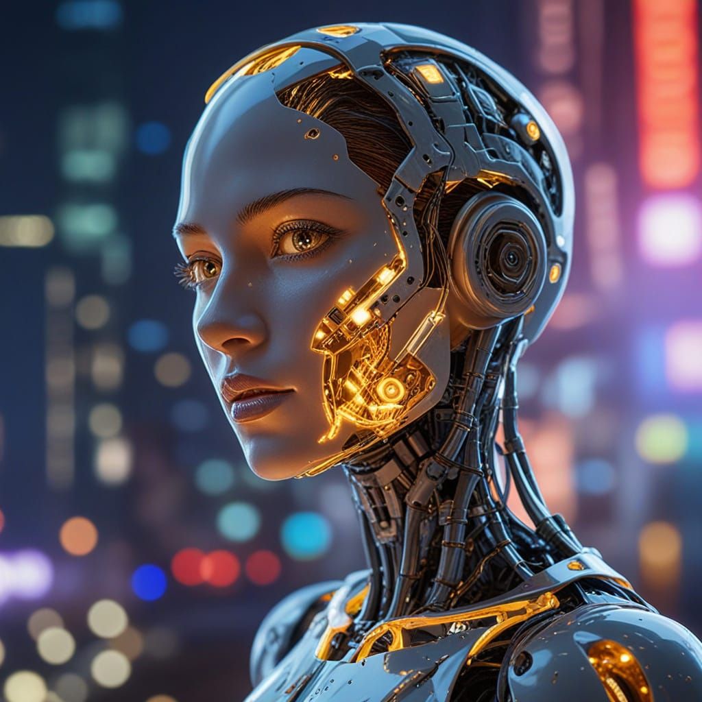 Robotic Humanoid with Miniaturized Cityscape in Glass-Like B...