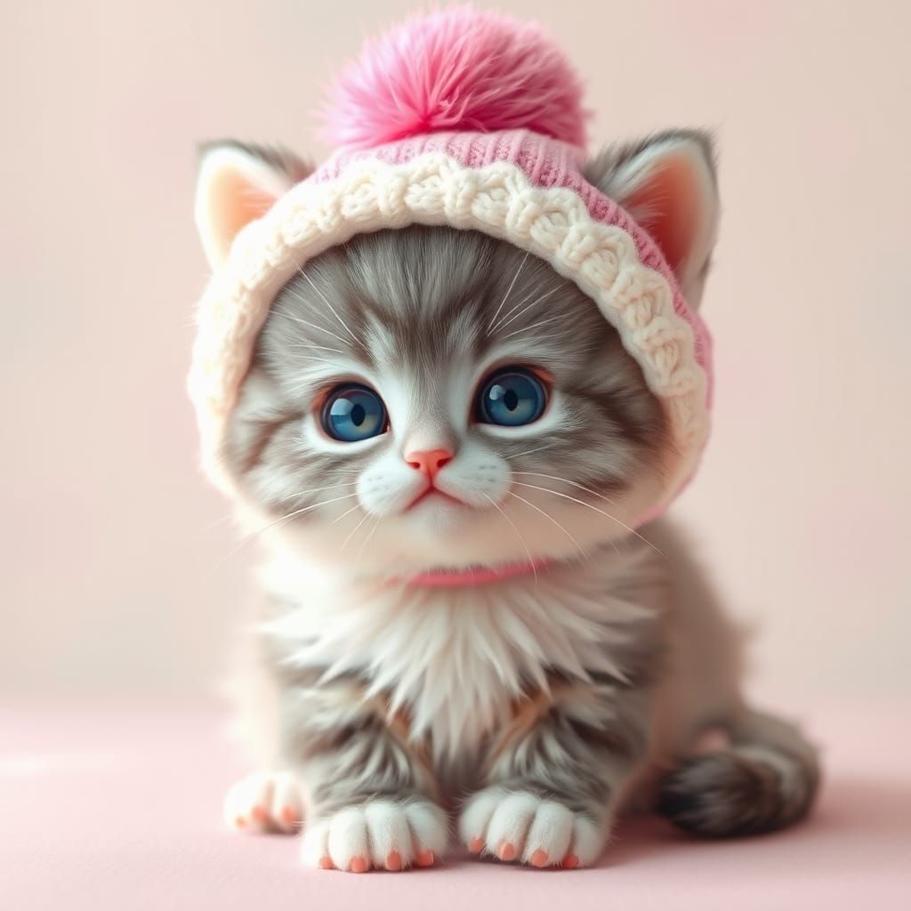 Kitten in Pom Pom Hat: Anime-Inspired 3D Art
