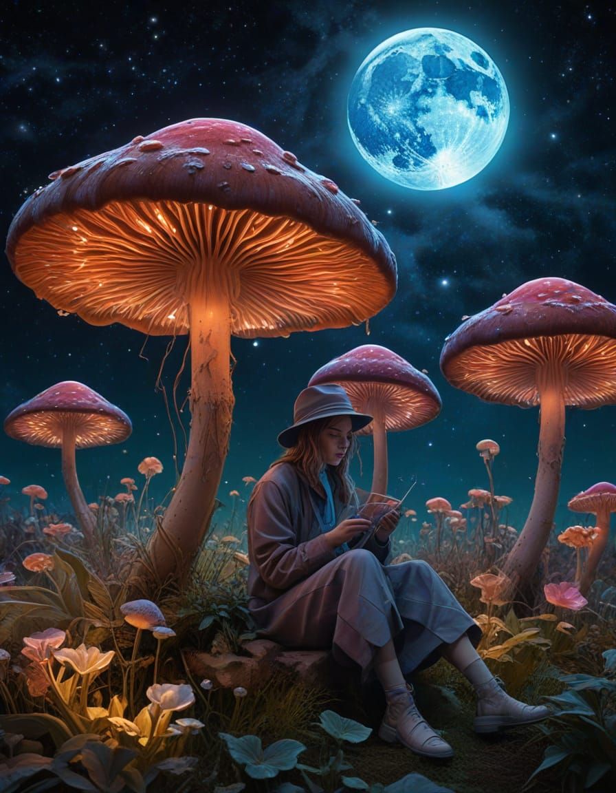 Cosmic Herbalist Tending Starlight Plants in Nebula Garden