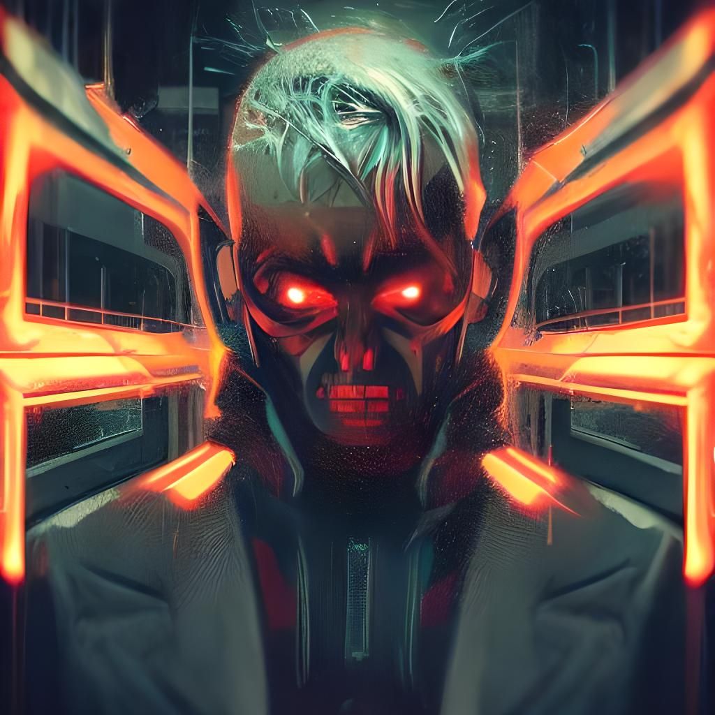 Cyberpunk Demon Girl on Rooftop at Sunset