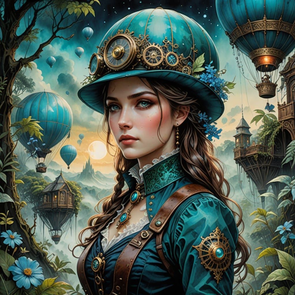 Steampunk Explorer in Turquoise Balloon, Ink and Watercolor