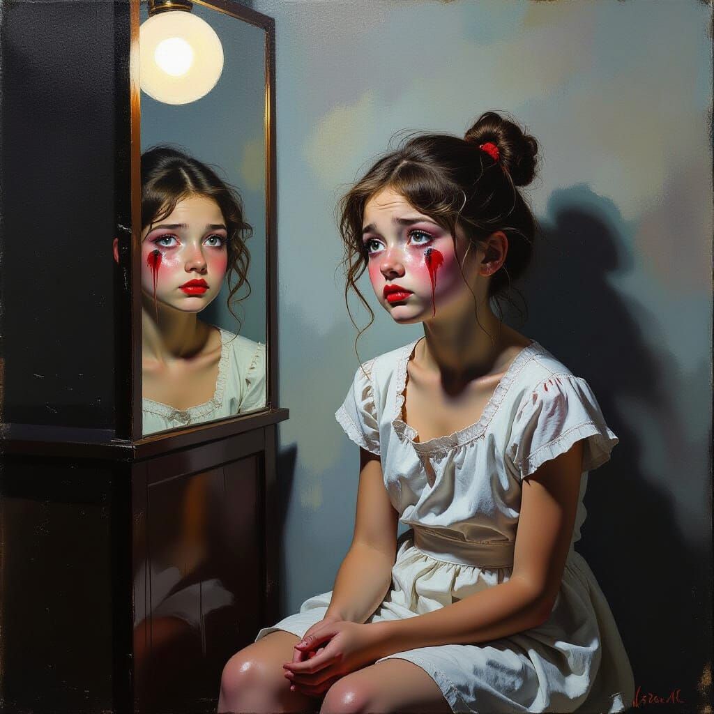 Girl's Melancholy Reflection in Museum Epic Style