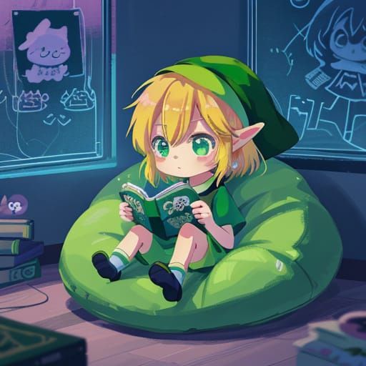 Chibi Link Reading Comic Book in Kawaii Anime Style