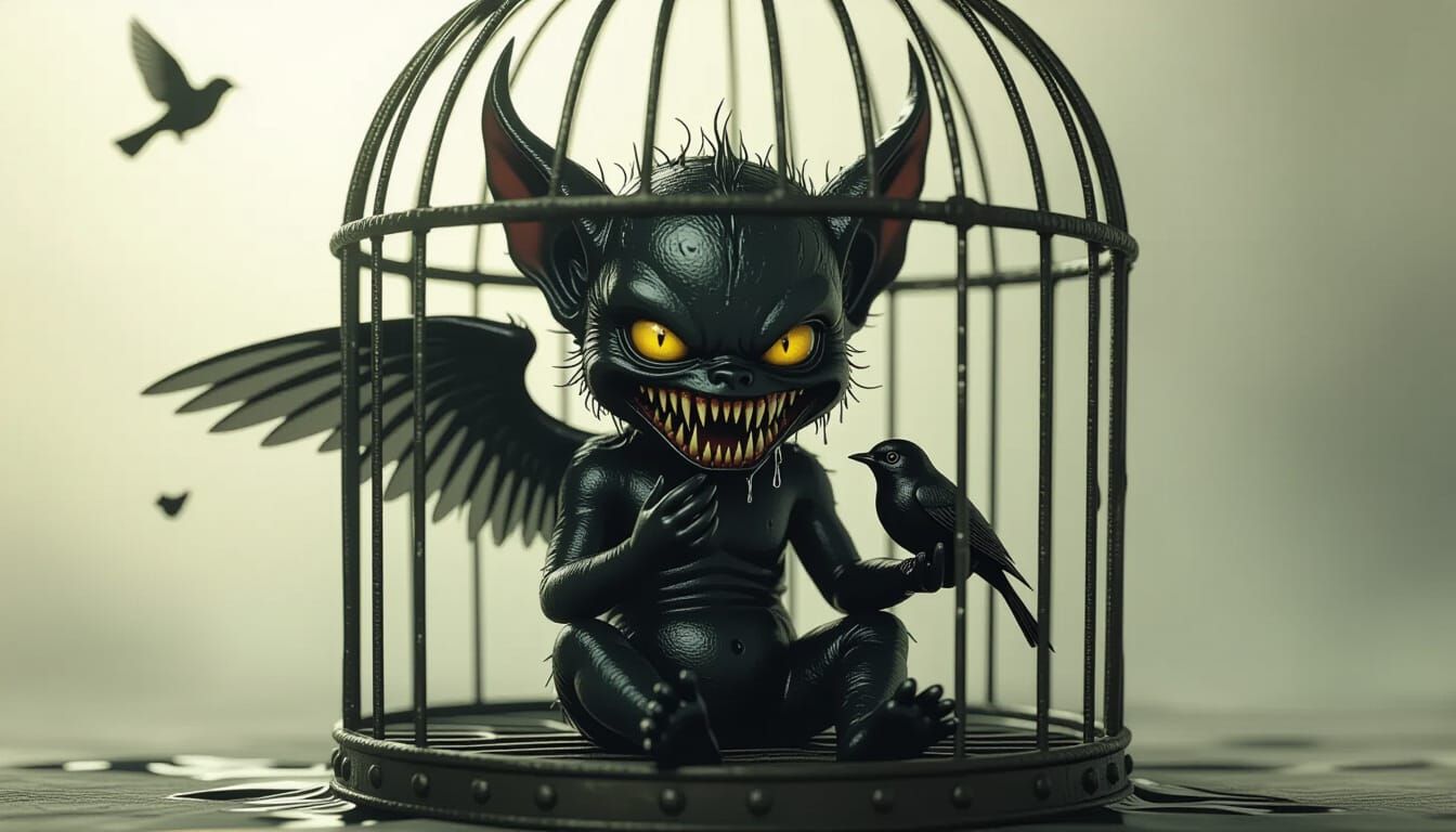 Cute Shadow Demon in Bird Cage - Dark Fantasy Art