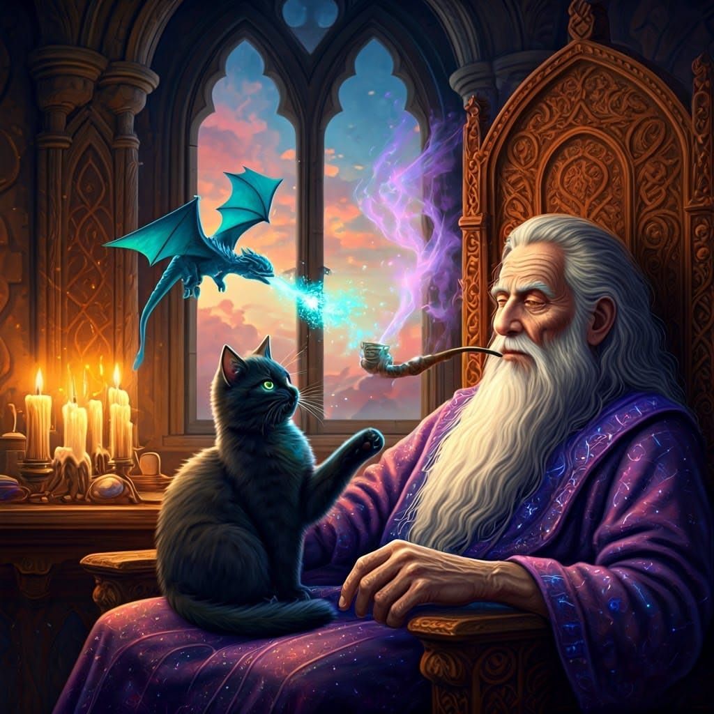 Mystical Wizard and Feline Friend in Whimsical Autumn Scene