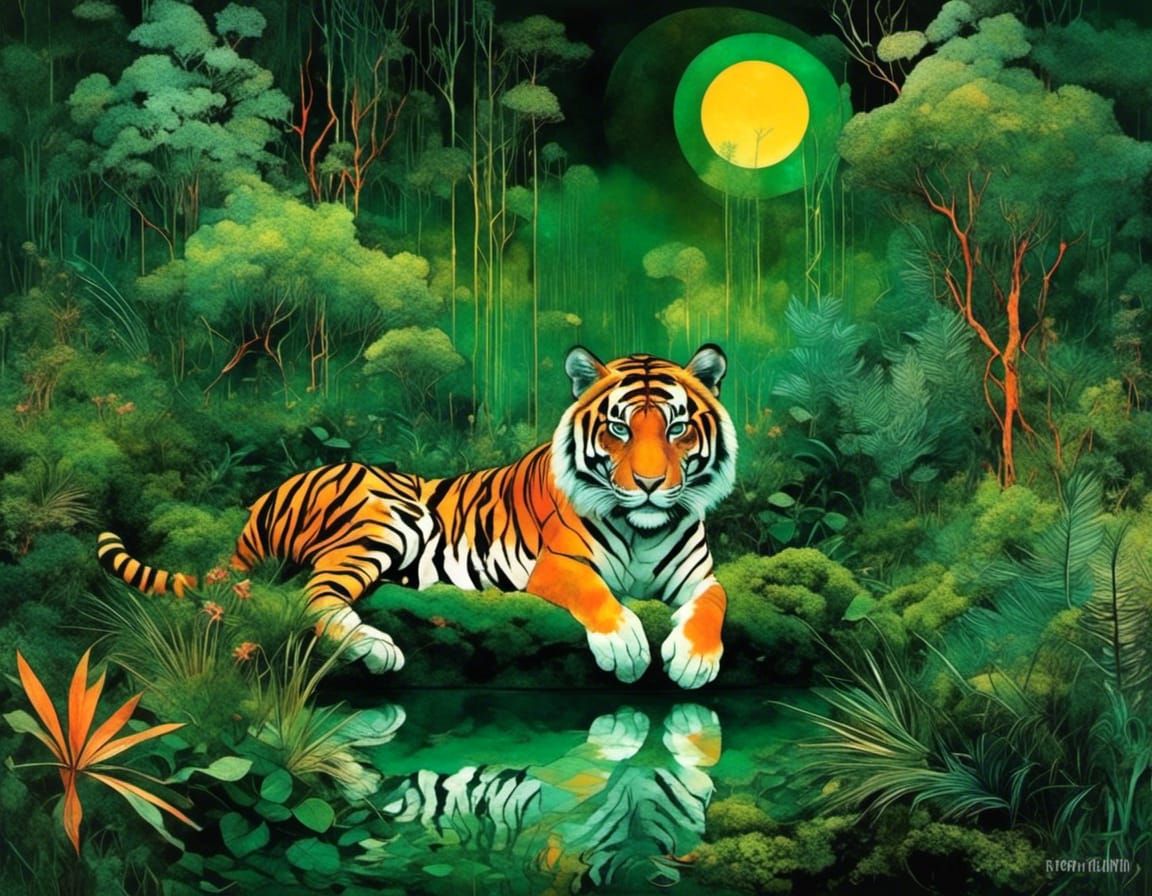 Tiger in Jungle Scene with Glowing Colors