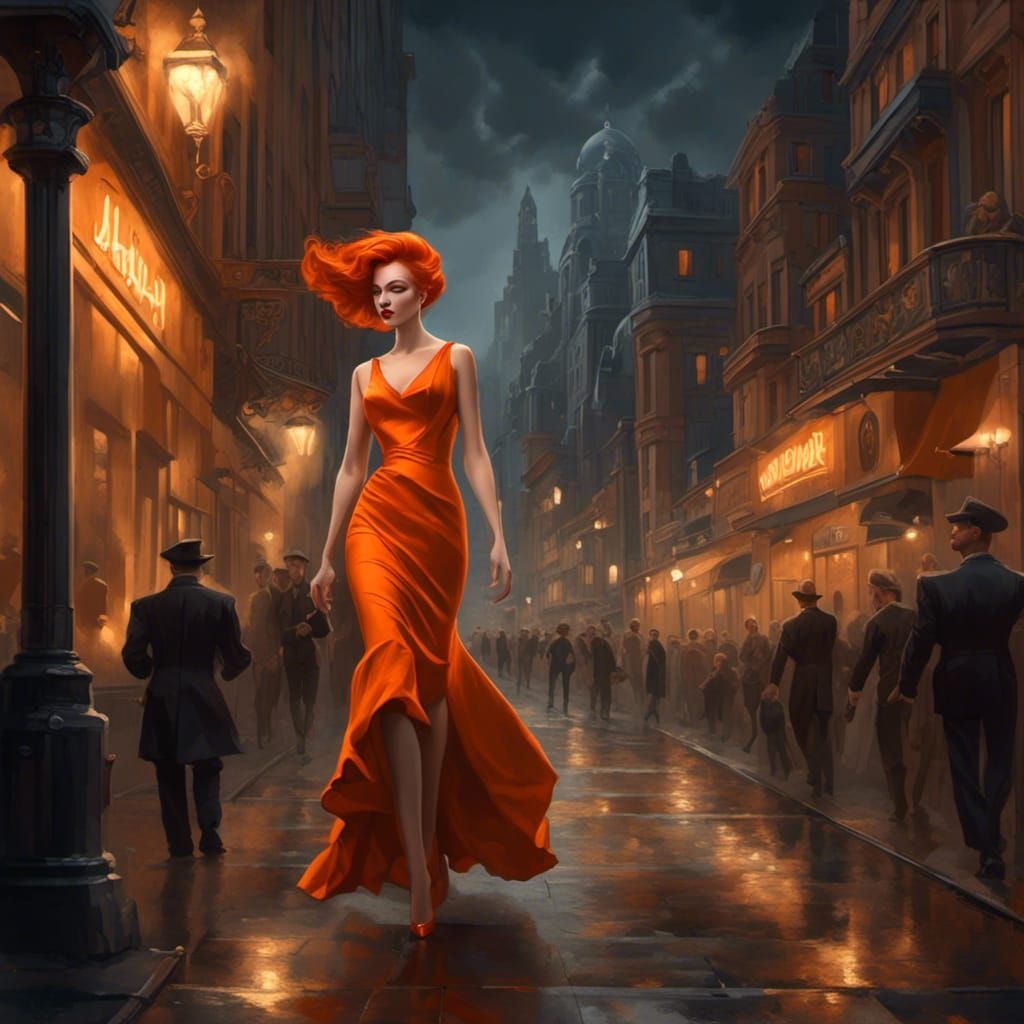 Woman in Orange Dress: Art Deco Illustration