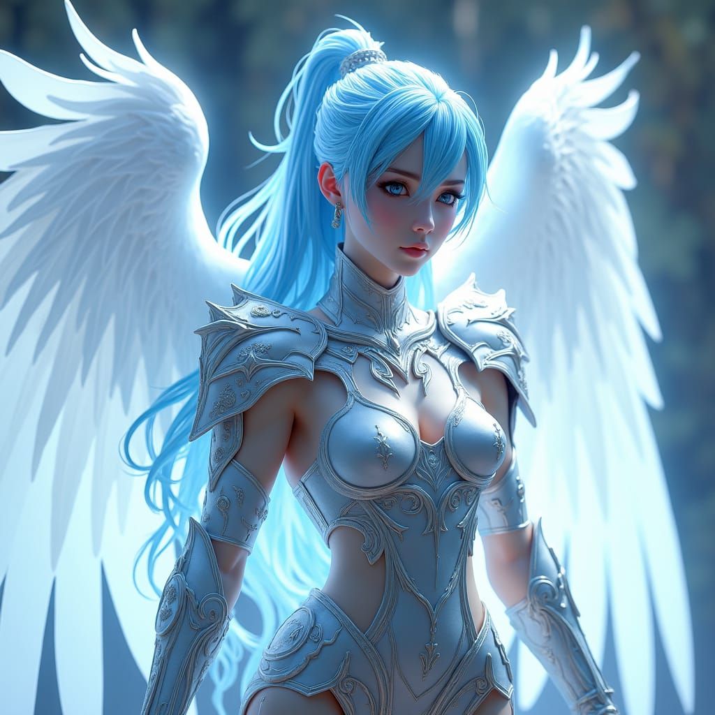 Stunning Angel in Silver Armor, Hyperrealistic Anime Art