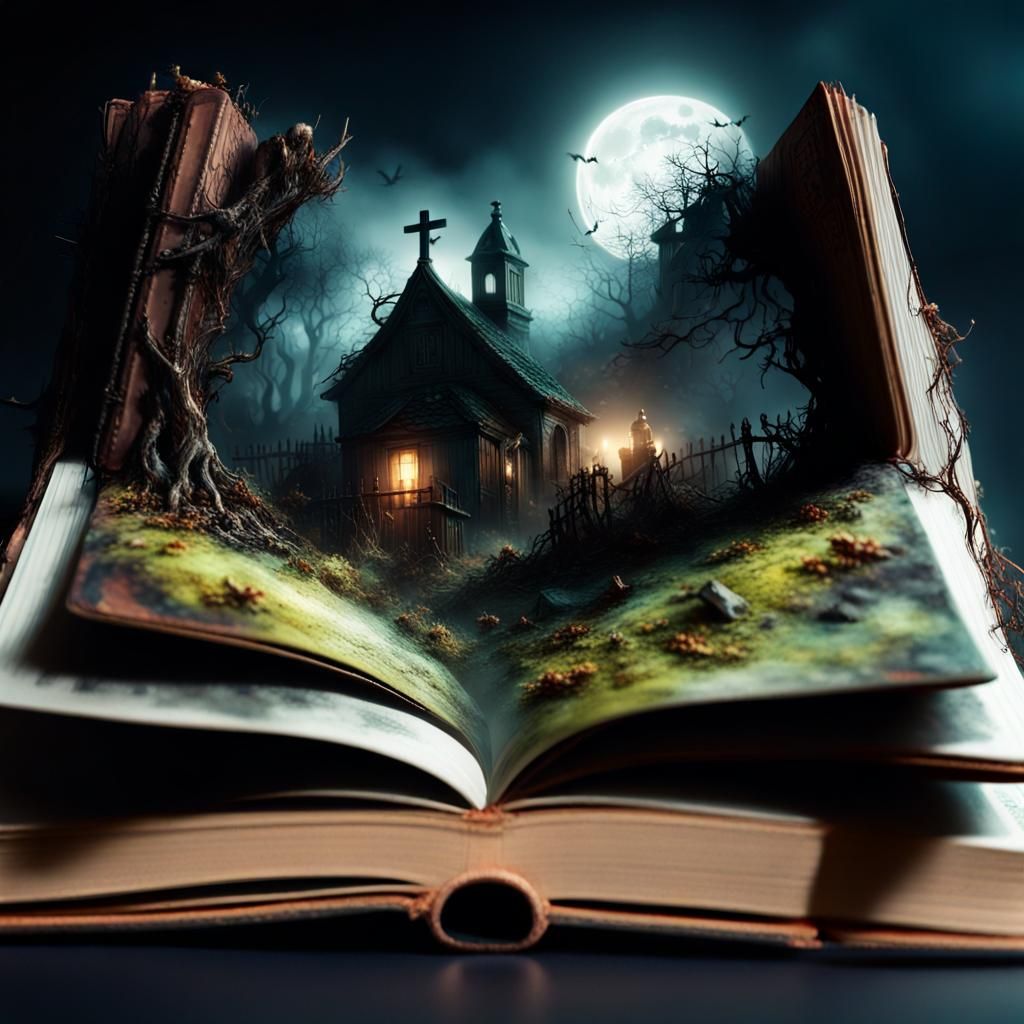 Spooky Village Erupts from Book, Digital Painting