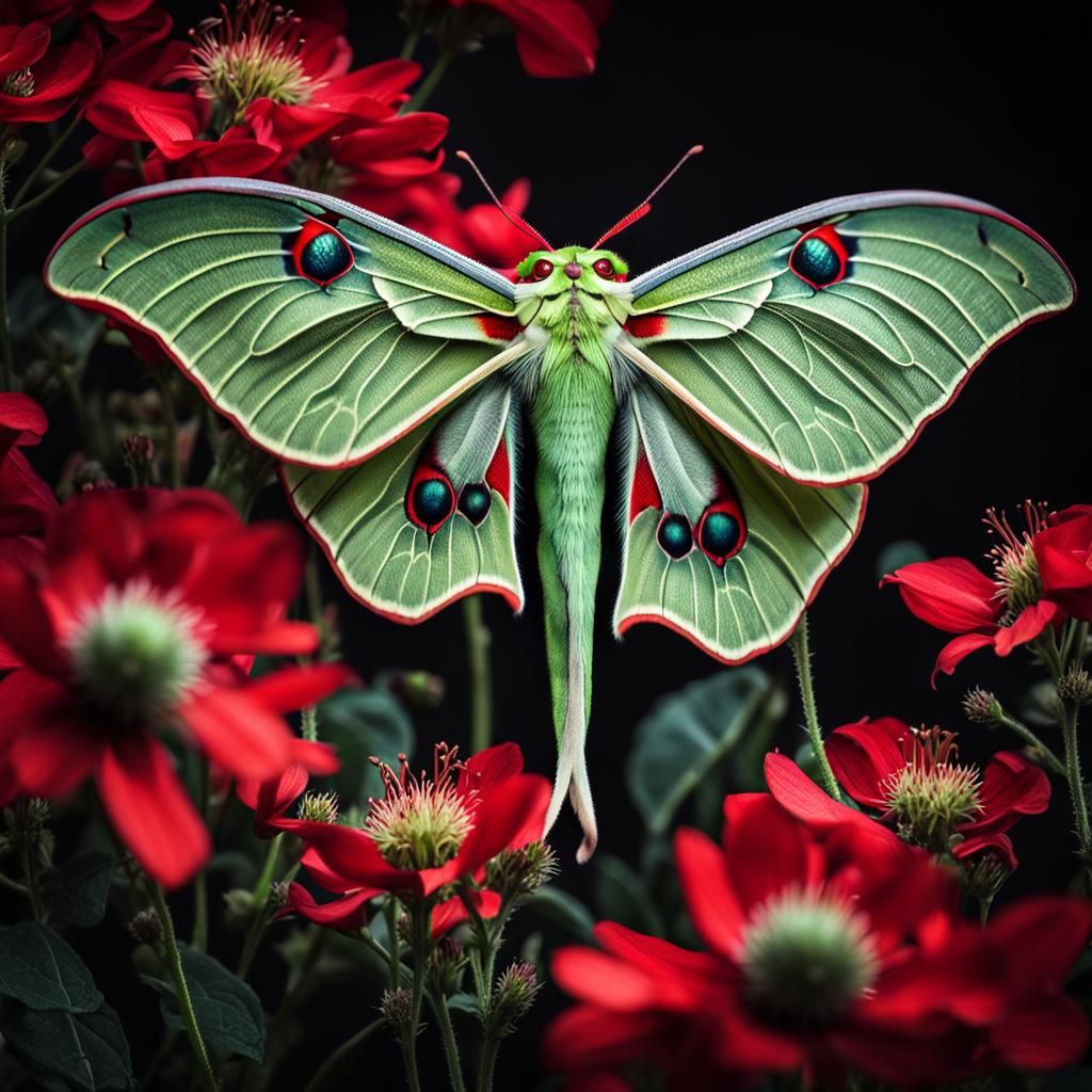 Luna Moth on Red Flowers: Macro Photography