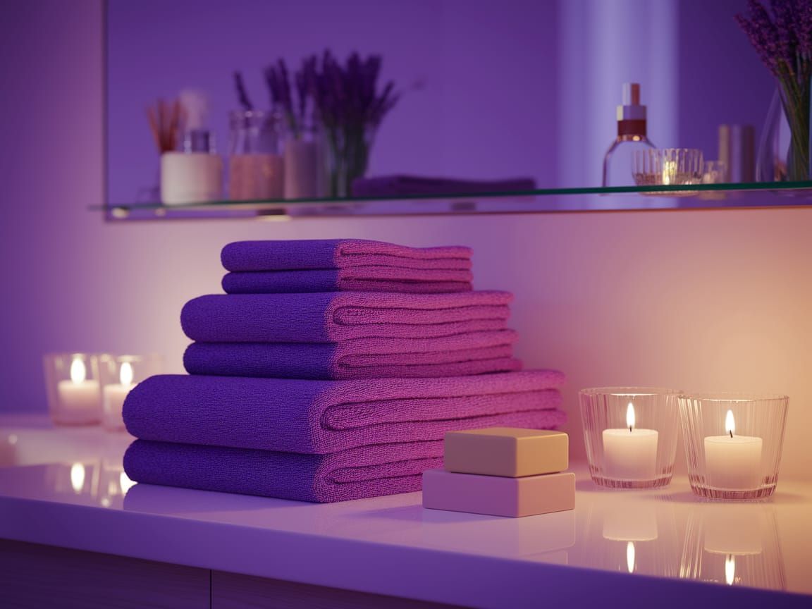 Serene Bathroom Still Life with Purple Towels