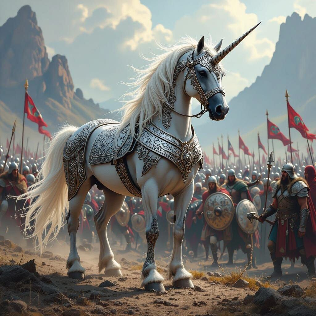 Armored Unicorn Facing an Army, in Fantasy Art Style