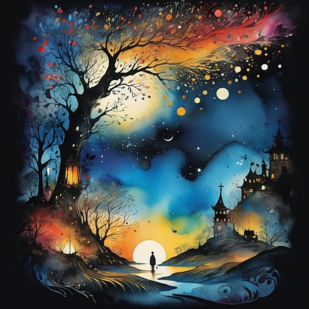 Surreal Rose Garden at Twilight in Watercolor Ink