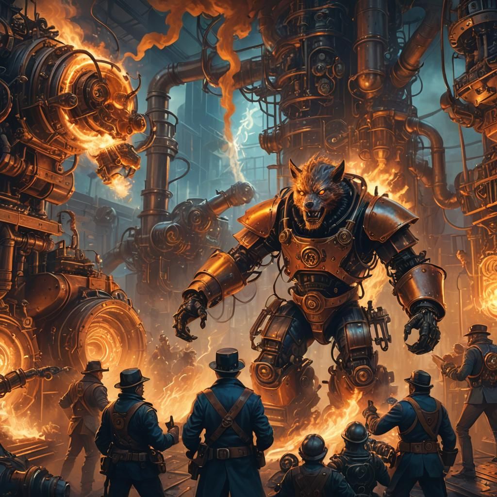 Steampunk Battle: Engineers vs. Werewolf in Fiery Showdown
