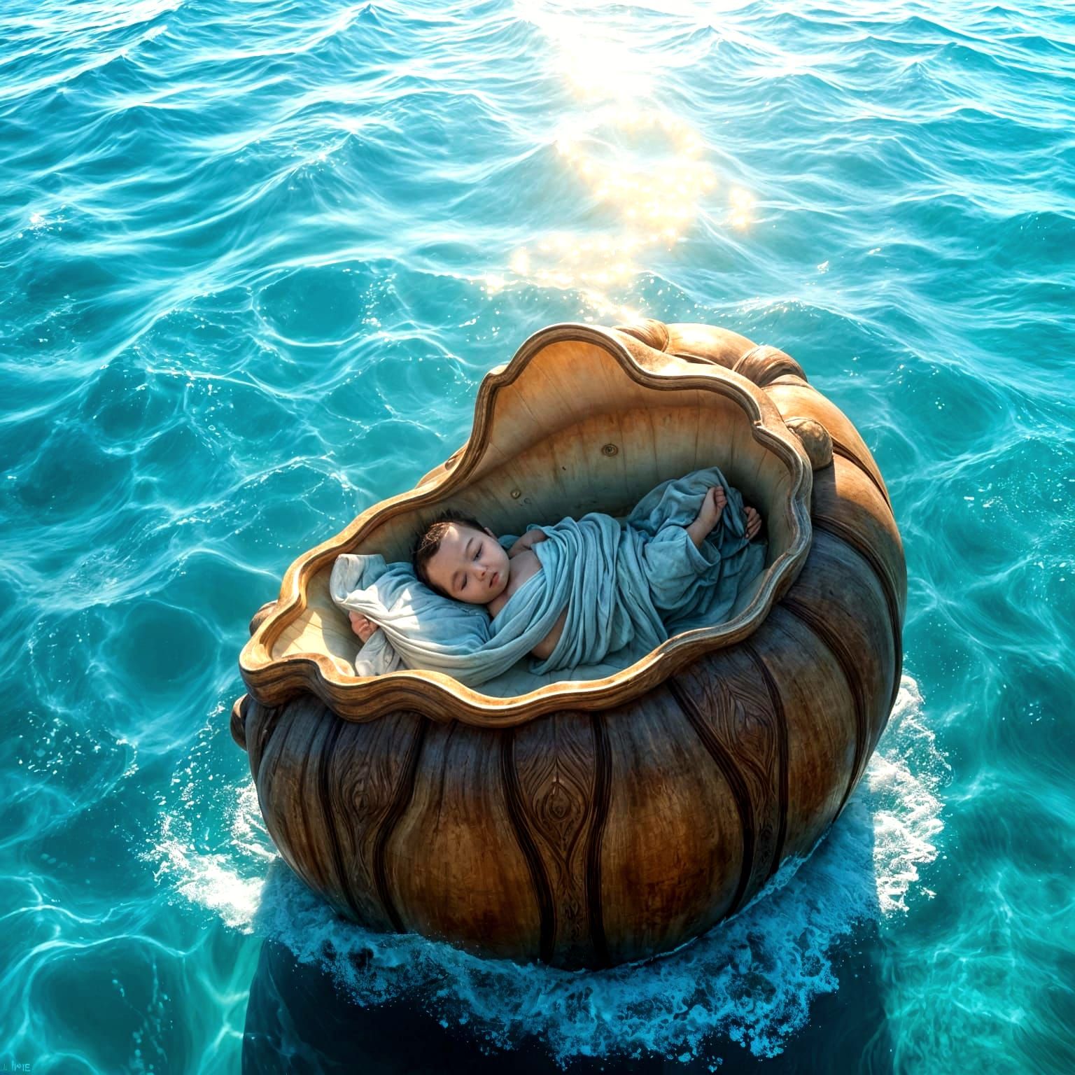 Baby Sleeping in Nutshell on Calm Ocean