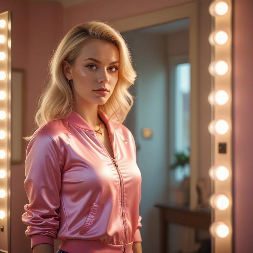Blonde Model Portrait in Pink Tracksuit, Photorealistic Styl...